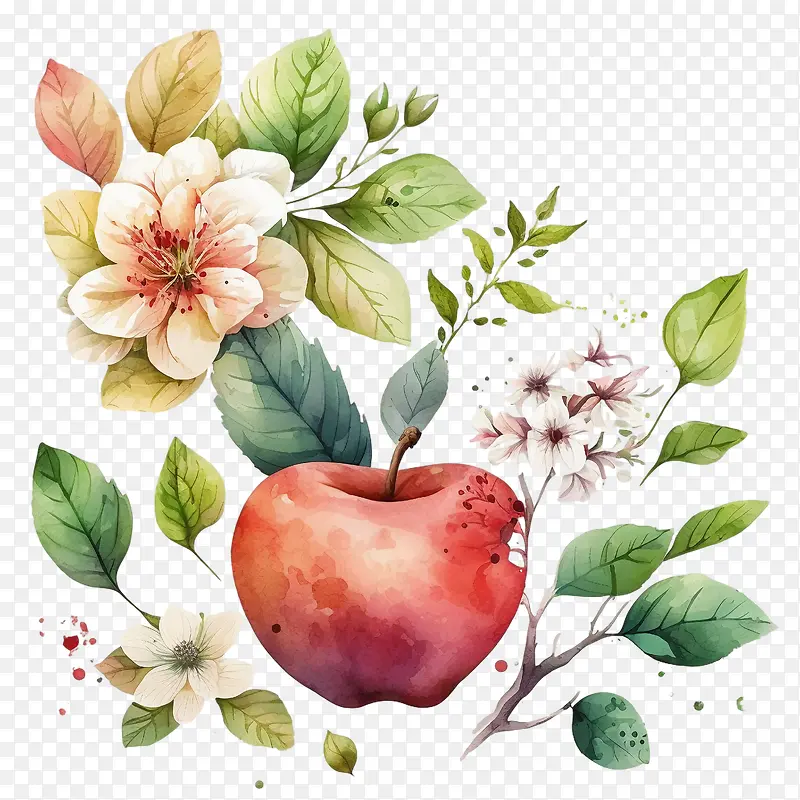手绘苹果-手绘苹果水彩苹果苹果花叶子