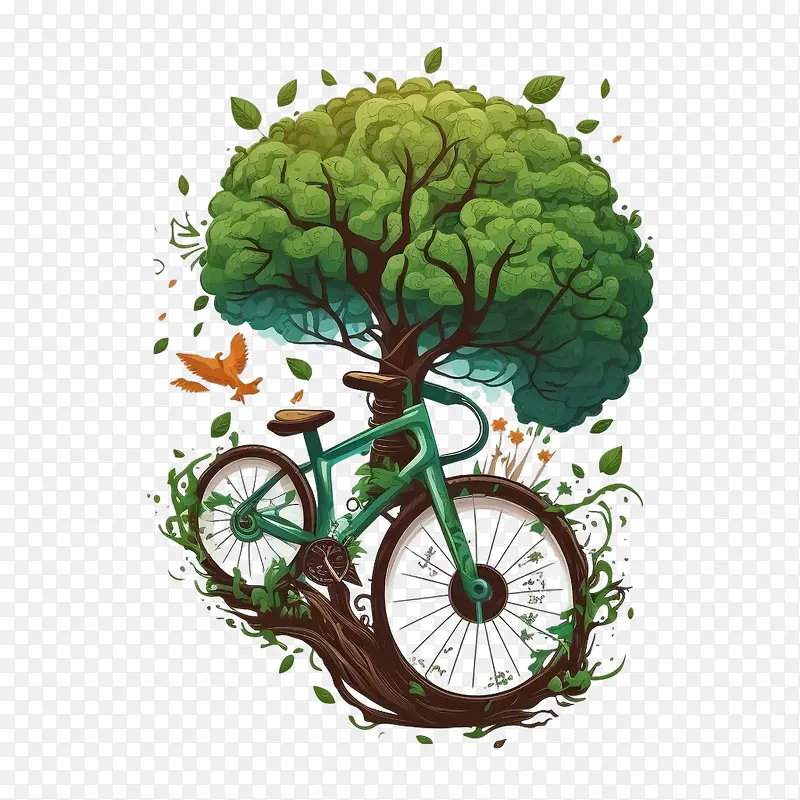 世界无车日-世界无车日绿色环境卡通自行车