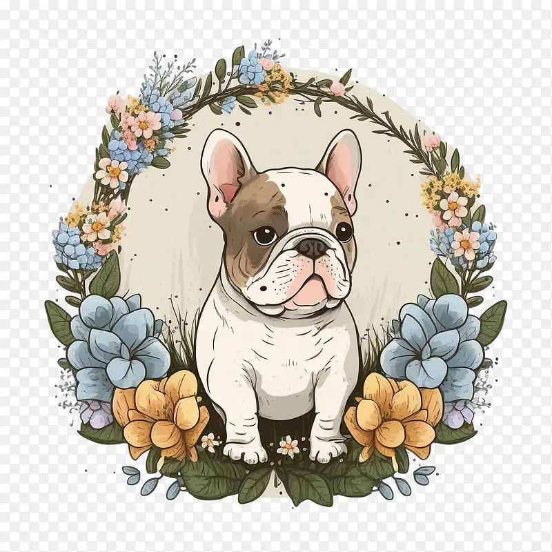 可爱的斗牛犬-可爱的斗牛犬卡通斗牛犬小斗牛犬带花环的斗牛犬