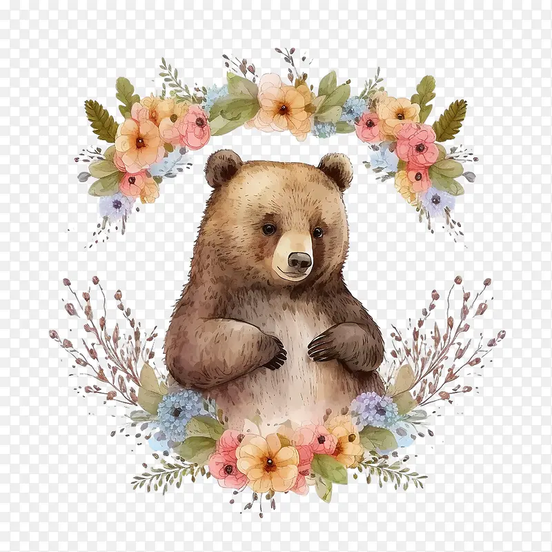 水彩熊-水彩熊可爱的熊小熊熊肖像带着花环的熊