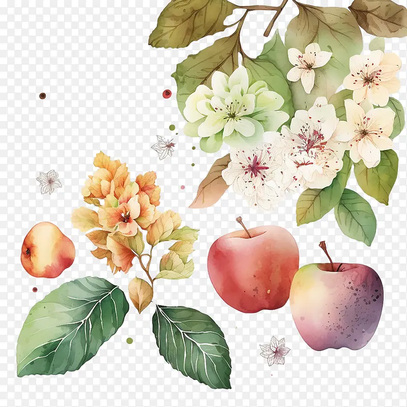 手绘苹果-手绘苹果水彩苹果苹果花叶子