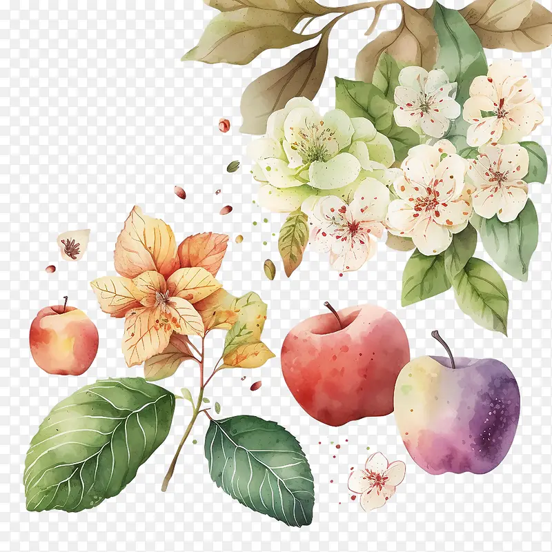 手绘苹果-手绘苹果水彩苹果苹果花叶子