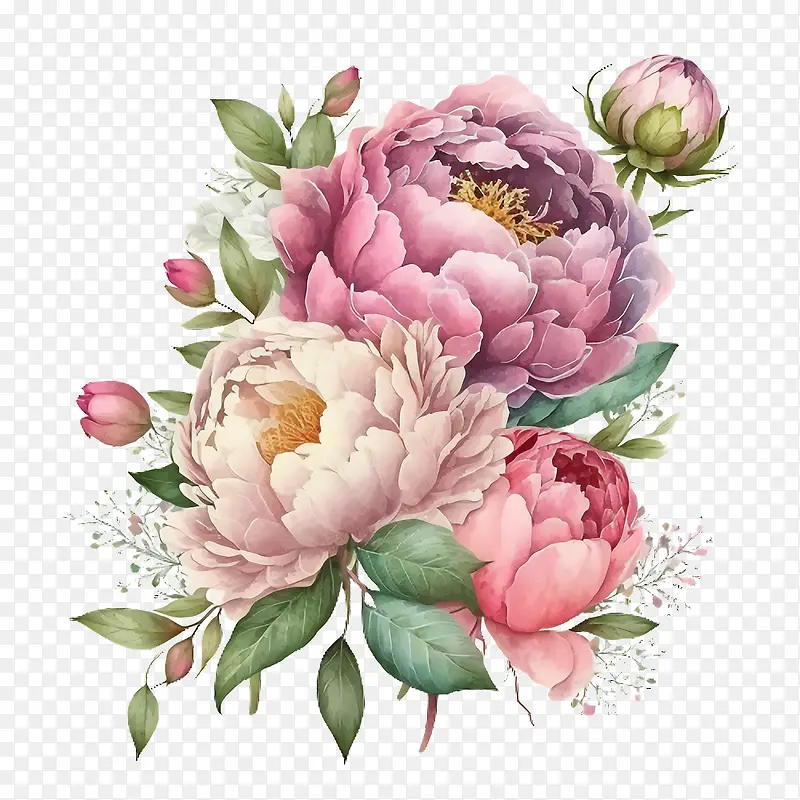 手绘牡丹-手绘牡丹水彩牡丹牡丹花束