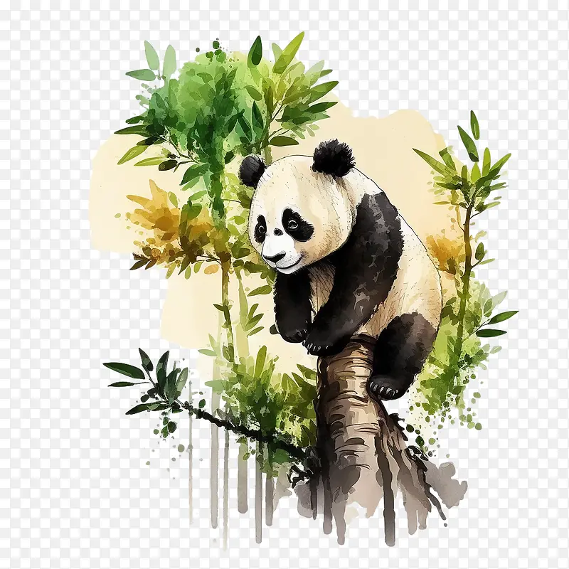 水彩熊猫-水彩熊猫熊猫爬竹子