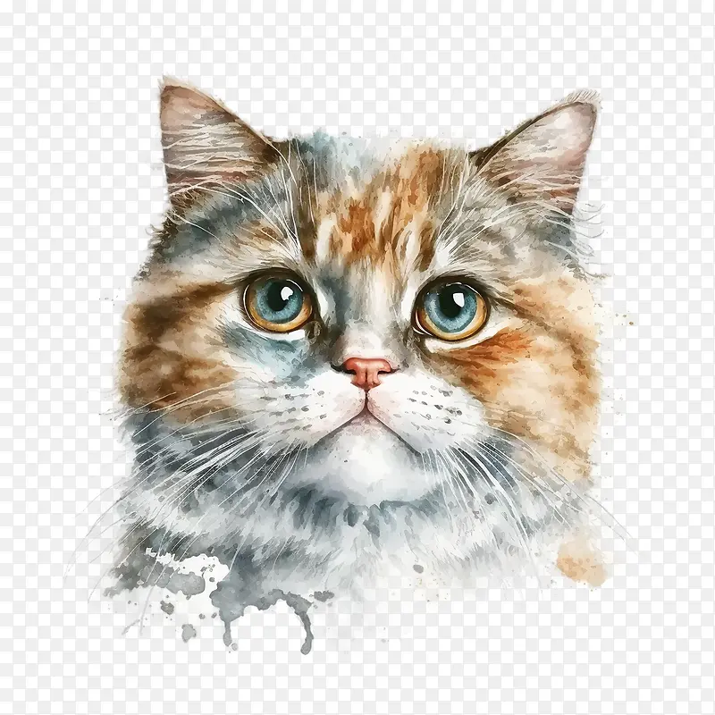 水彩猫-水彩猫可爱的猫猫脸滑稽的猫
