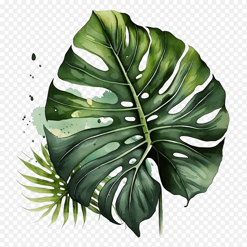 水彩龟背竹-龟背竹叶