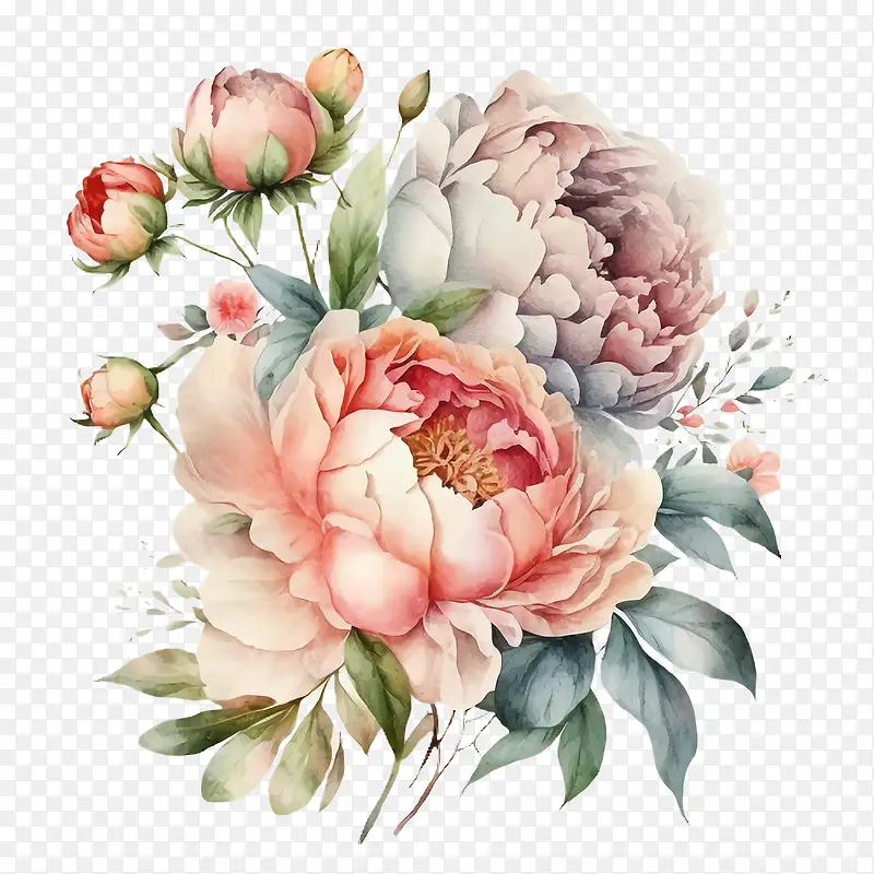 手绘牡丹-手绘牡丹水彩牡丹牡丹花束