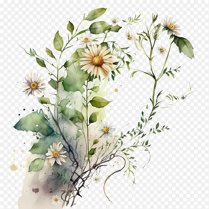 水彩雏菊-水彩雏菊水彩藤蔓