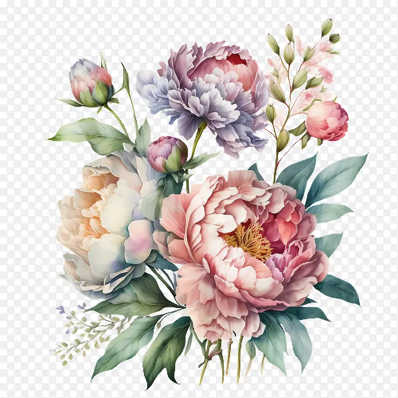 手绘牡丹-手绘牡丹水彩牡丹牡丹花束