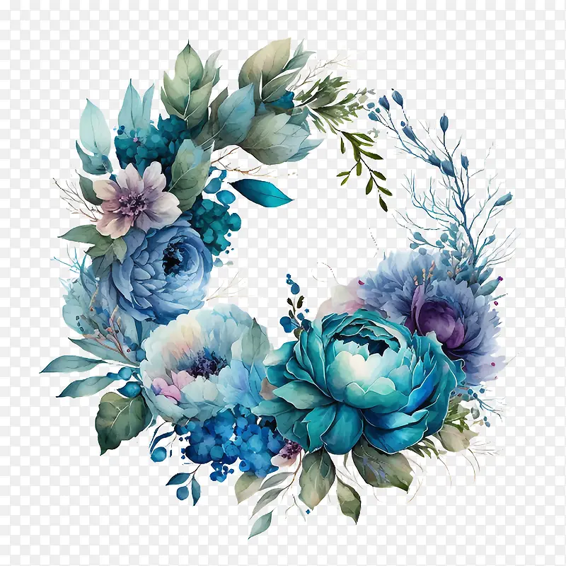 水彩牡丹-水彩牡丹蓝色牡丹牡丹花束牡丹花环