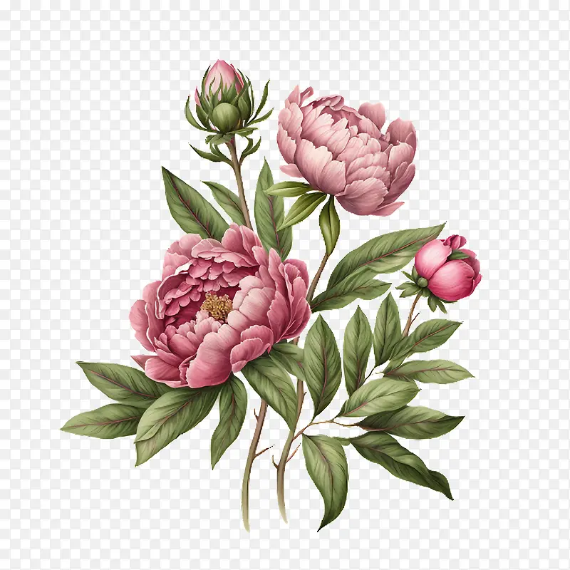 手绘牡丹-手绘牡丹粉色牡丹牡丹花蕾