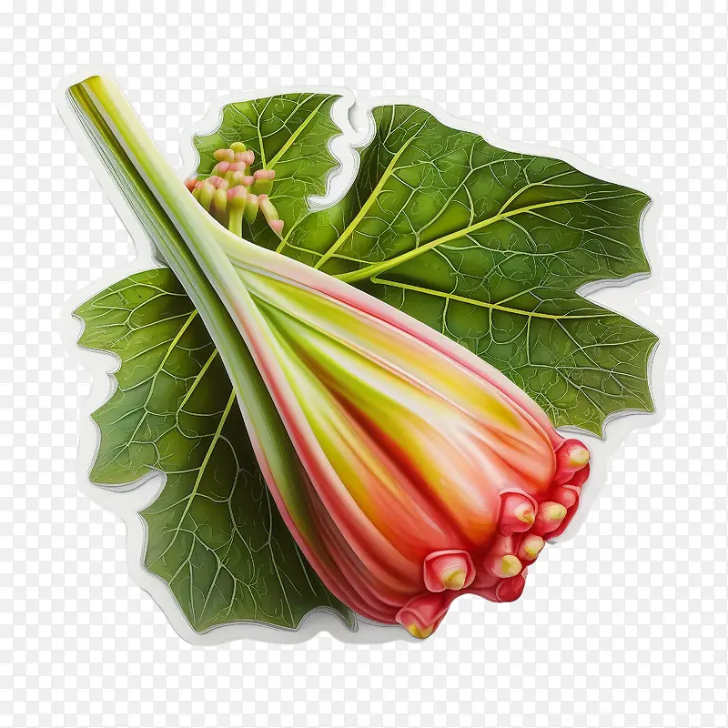 大黄-大黄3d大黄蔬菜该图像显示了花朵的特写视图,花瓣和叶子在前景中可见,茎在背景中。配色方案以红色为主