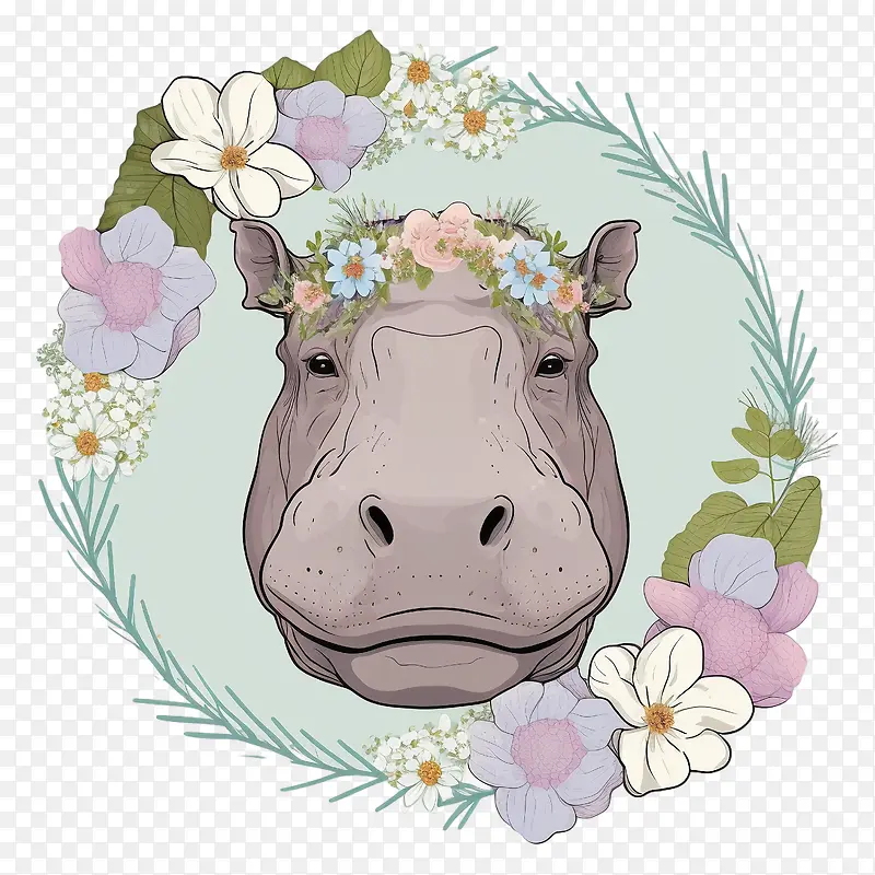 卡通河马-卡通河马河马头河马带花河马带花环