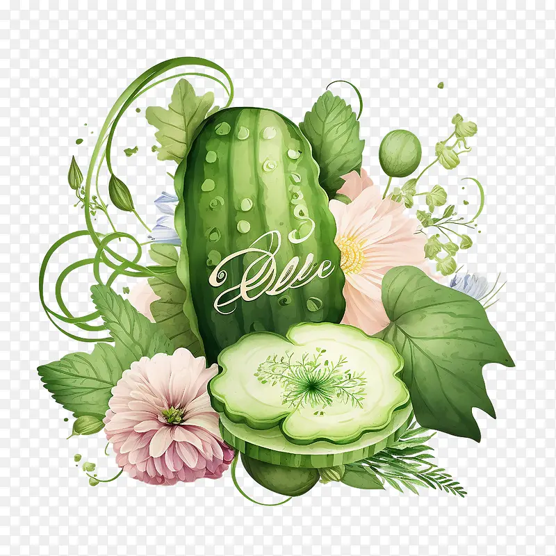 水彩黄瓜-水彩黄瓜黄瓜带花黄瓜带叶