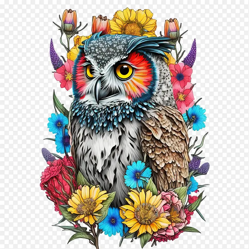 波普艺术猫头鹰-波普艺术猫头鹰与鲜花花卉猫头鹰猫头鹰花卉