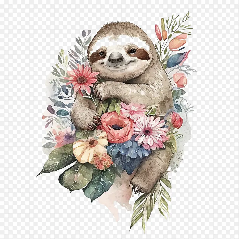 水彩树懒-水彩树懒花卉树懒树懒树懒与花树懒