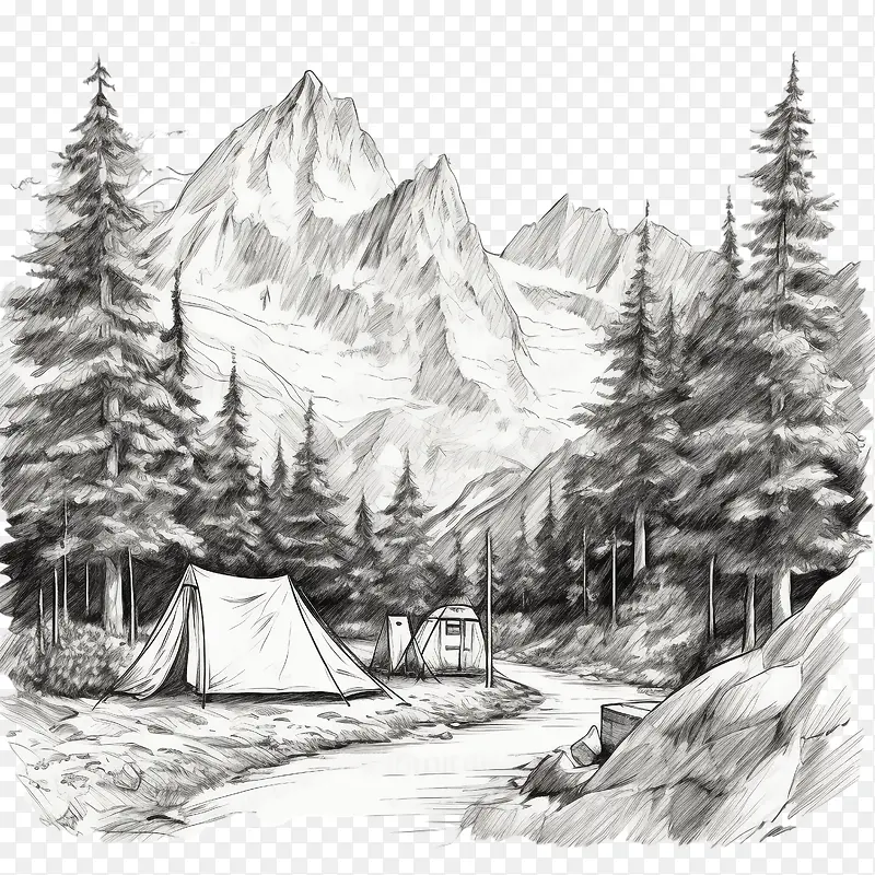 露营-露营素描山山素描风景帐篷