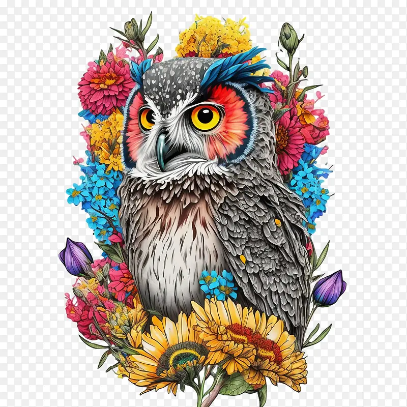 波普艺术猫头鹰-波普艺术猫头鹰猫头鹰与鲜花花卉猫头鹰多彩猫头鹰