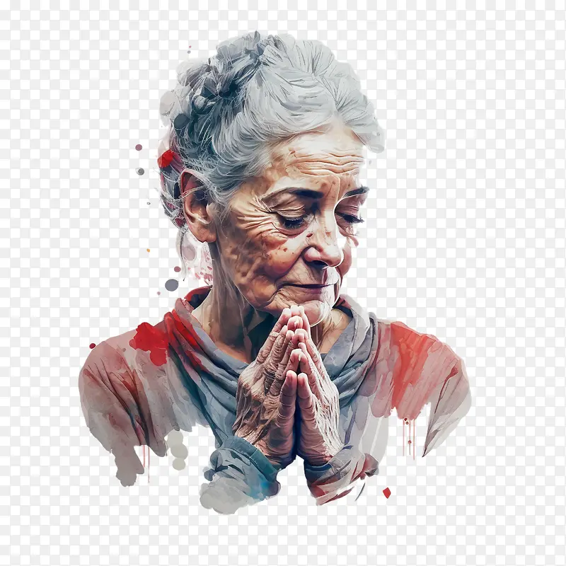 世界感恩日-世界感恩日感谢老妇祈祷妇女水彩肖像