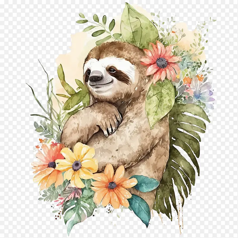 水彩树懒-水彩树懒花卉树懒树懒树懒与花树懒