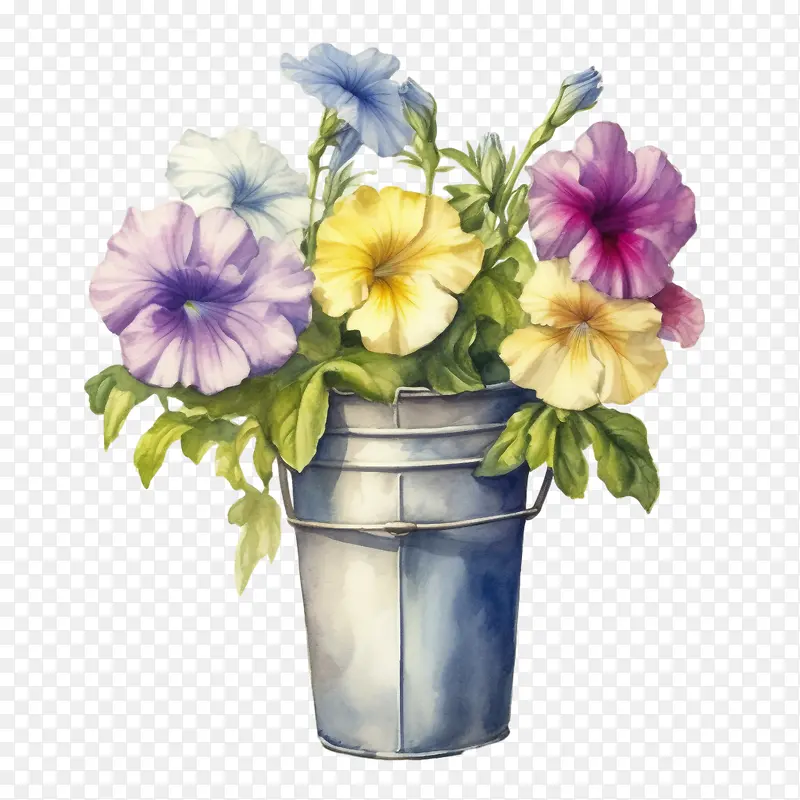 水彩矮牵牛花-水彩矮牵牛花矮牵牛花桶中的矮牵牛花水彩花
