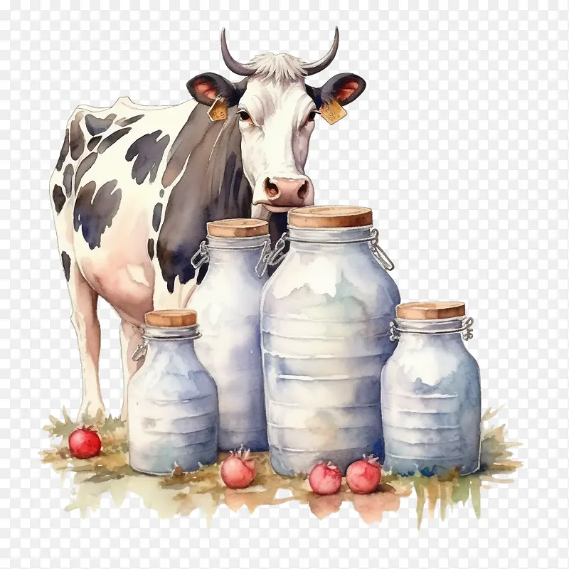 水彩牛-水彩牛牛奶瓶牛牛玻璃瓶