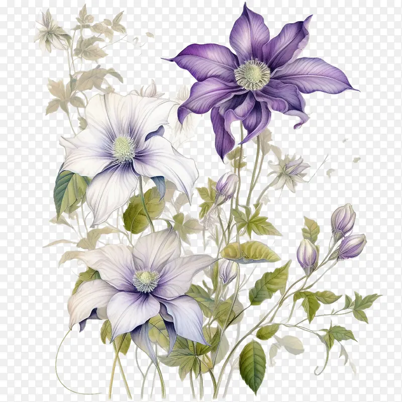 铁线莲花-铁线莲花铁线莲紫色花白色花水彩