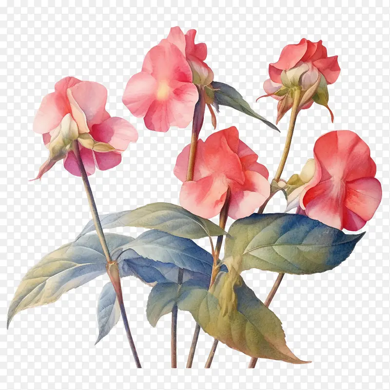 凤仙花-凤仙花水彩凤仙花粉红色的花朵水彩画花园