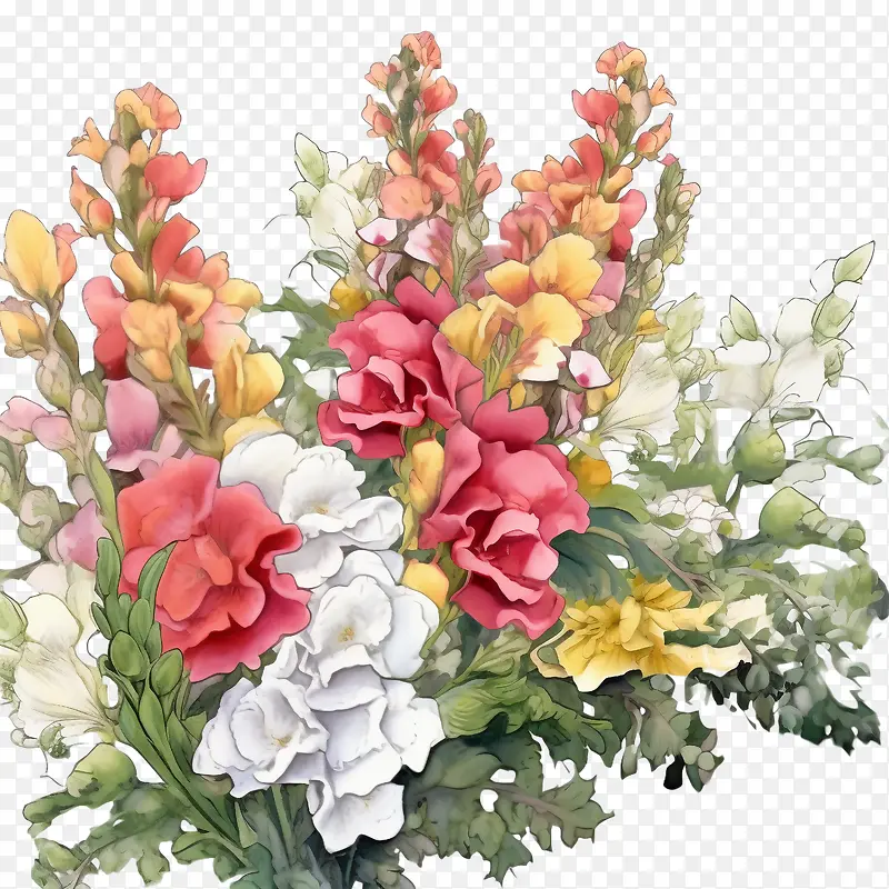 金鱼草-金鱼草金鱼草花水彩花束