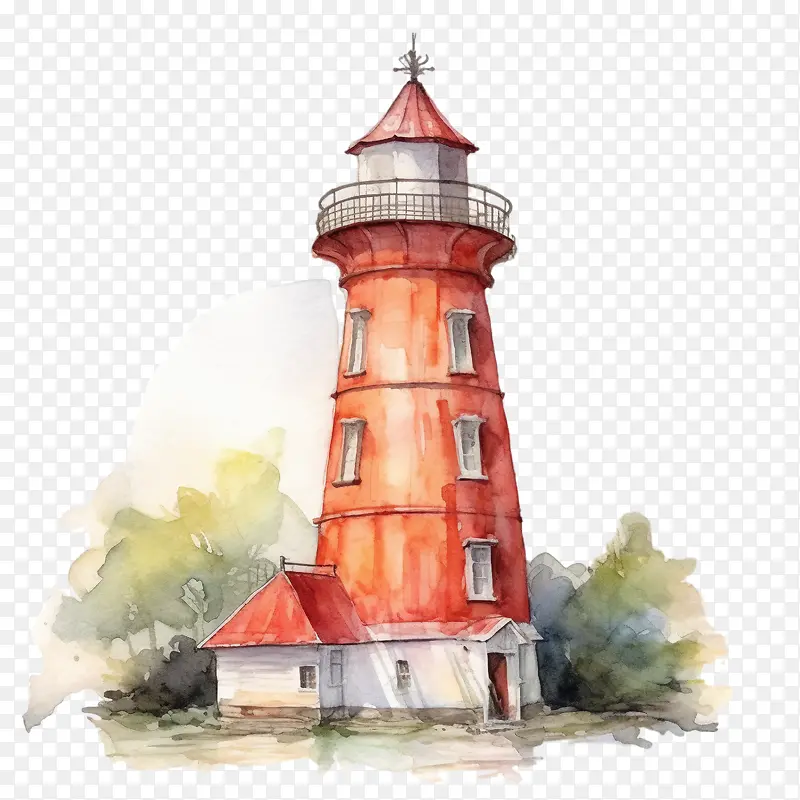 灯塔-灯塔灯塔水彩沿海红色