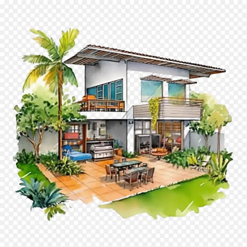 烧烤-烧烤水彩烧烤屋花园庭院