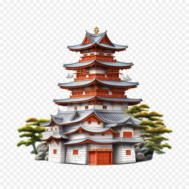 日本城堡-日本城堡宝塔东方建筑木结构对称设计