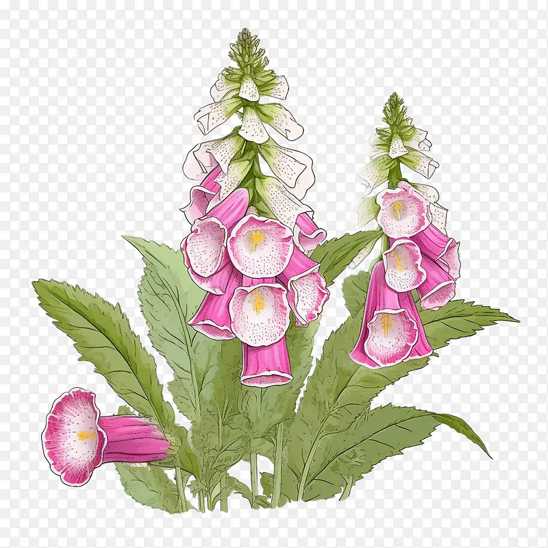 毛地黄花-毛地黄花粉红色白色的花朵叶子