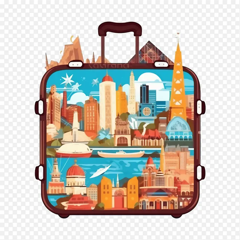 旅行-旅行假期包括埃菲尔铁塔,自由女神像和绿色植物的混合