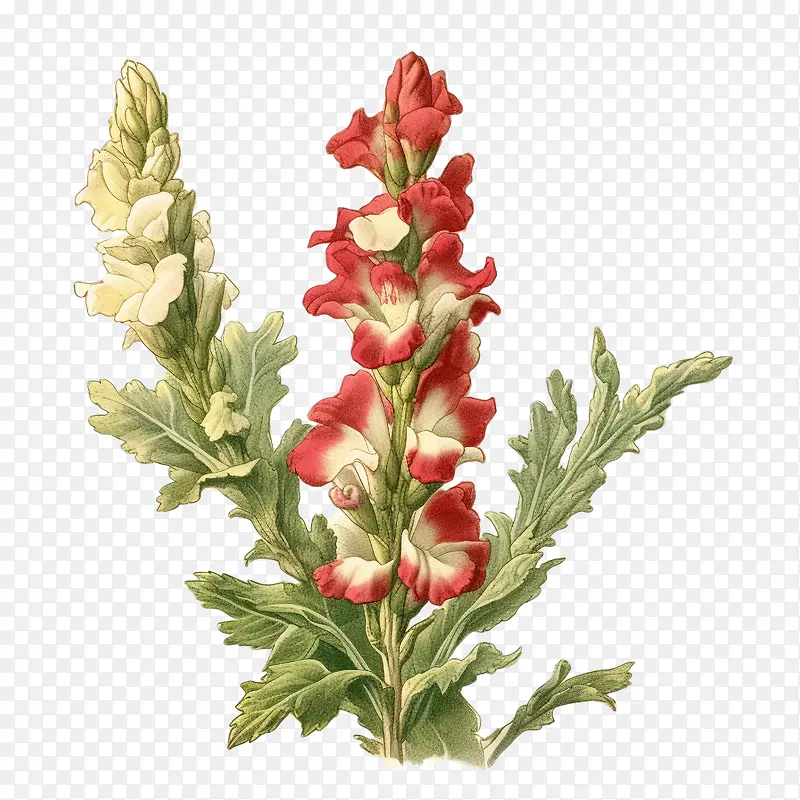 金鱼草花-金鱼草花红色白色的花朵叶子