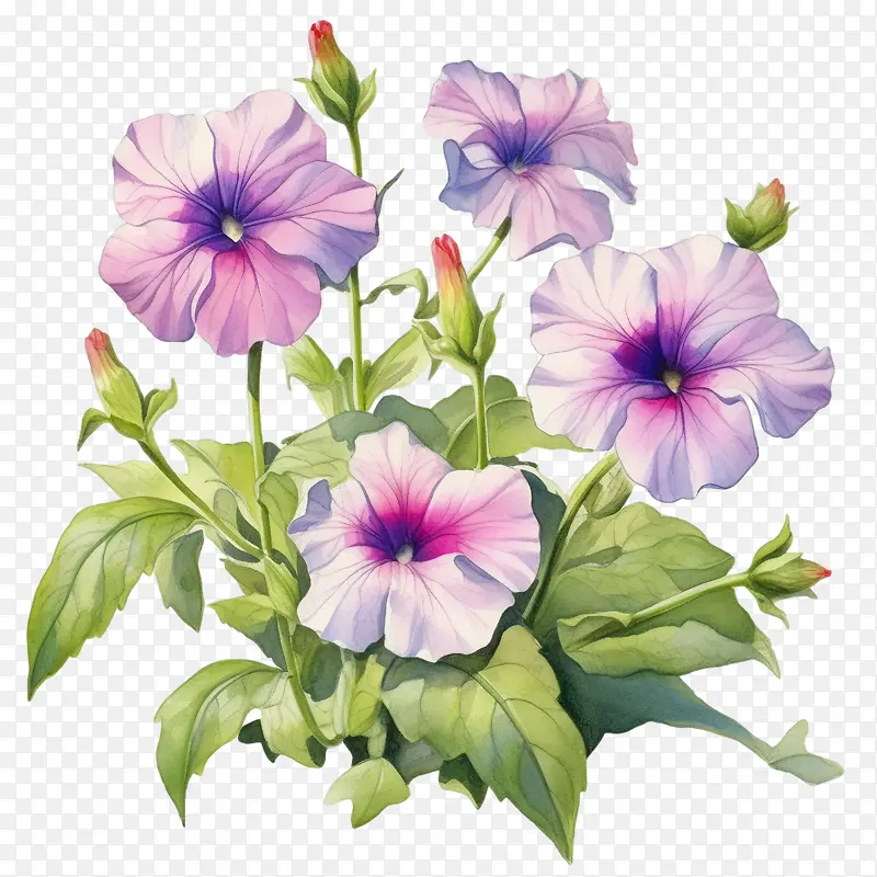 矮牵牛花-矮牵牛花粉红色的花朵绿叶水彩花园