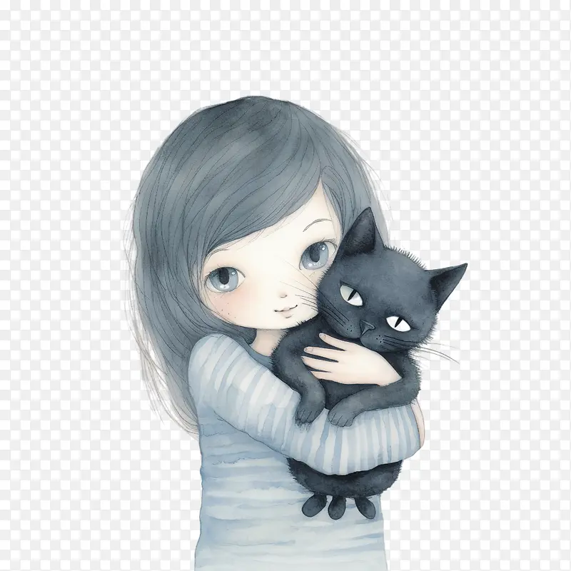 拥抱猫-拥抱猫女孩黑猫拥抱蓝色衬衫