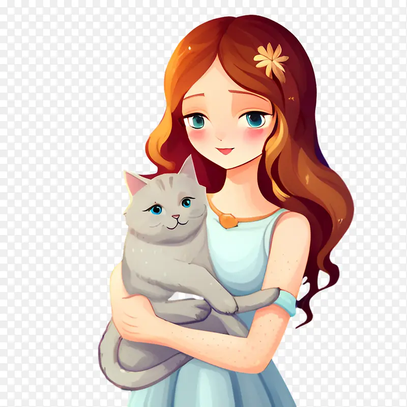 拥抱猫-拥抱猫女孩抱着猫蓝色连衣裙红头发