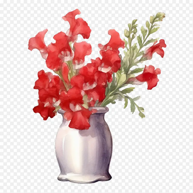 金鱼草-金鱼草金鱼草花红色水彩花瓶