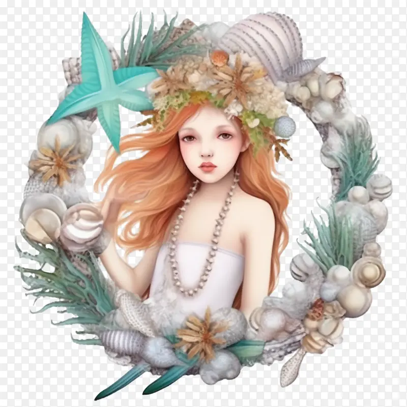 美人鱼-美人鱼女孩花环海藻贝壳