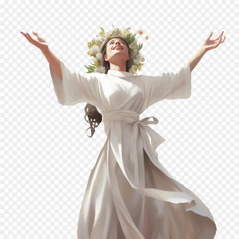 周日-周日女人穿着白色连衣裙的女人戴着花冠的白色连衣裙的女人