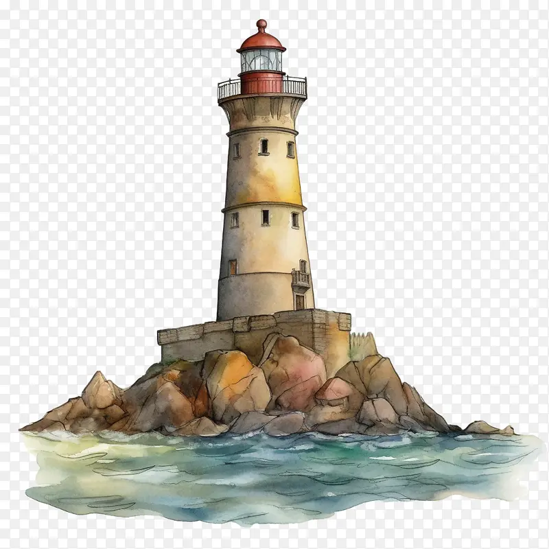 灯塔-灯塔灯塔水彩沿海海景