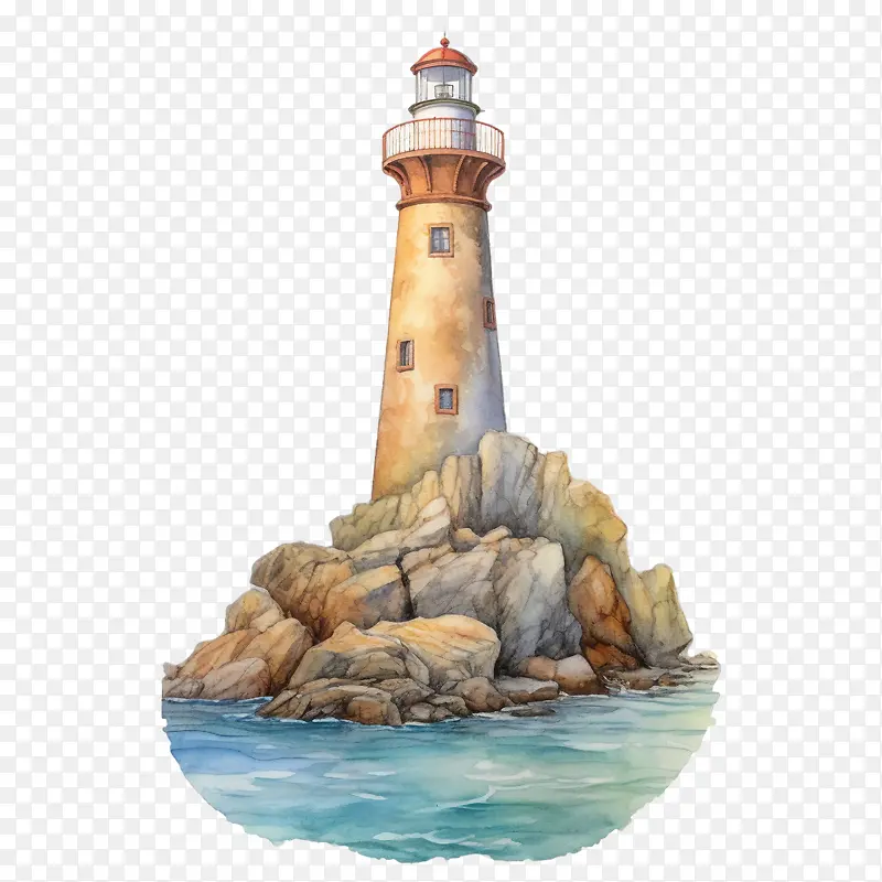 灯塔-灯塔灯塔水彩岩石海岸线海景