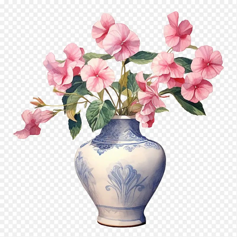 凤仙花-凤仙花粉红色花瓶花蓝色和白色