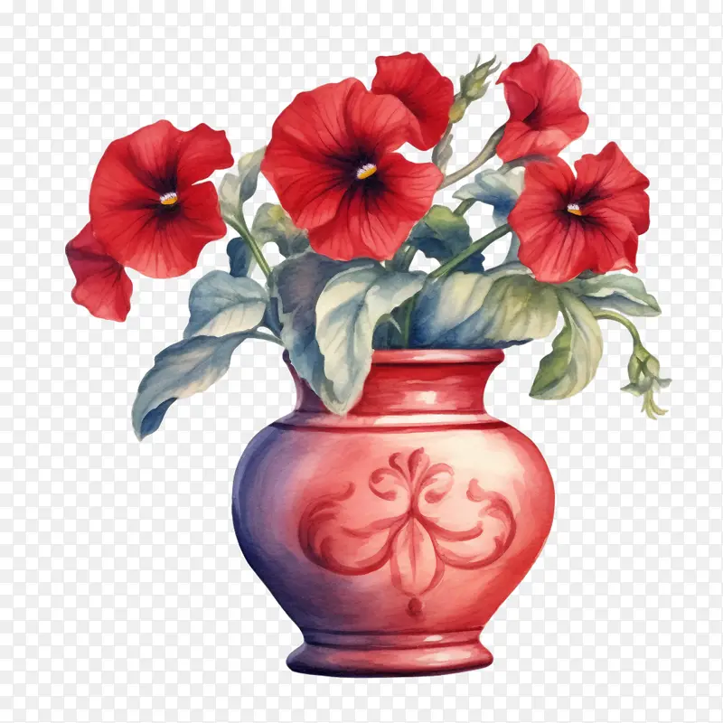 矮牵牛花-矮牵牛花红色花瓶盆栽花卉水彩画