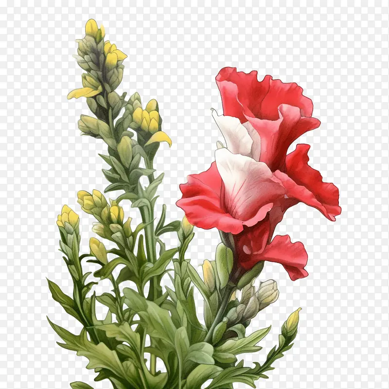 金鱼草花-金鱼草花红色和白色的花朵粉红色的花朵花茎绿叶