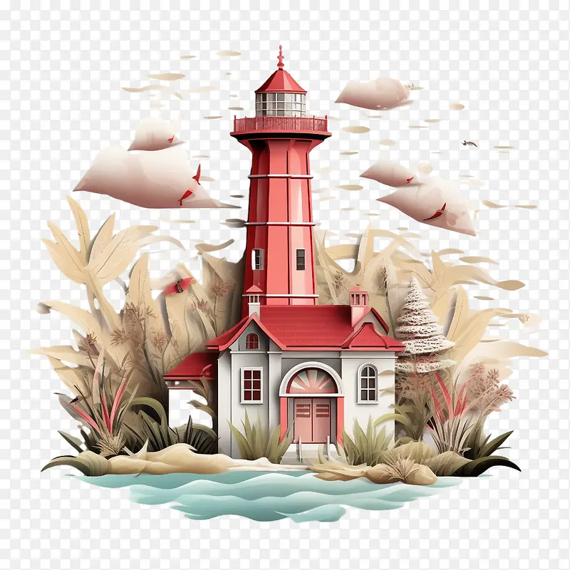 灯塔-灯塔纸艺灯塔灯塔红色灯塔插画
