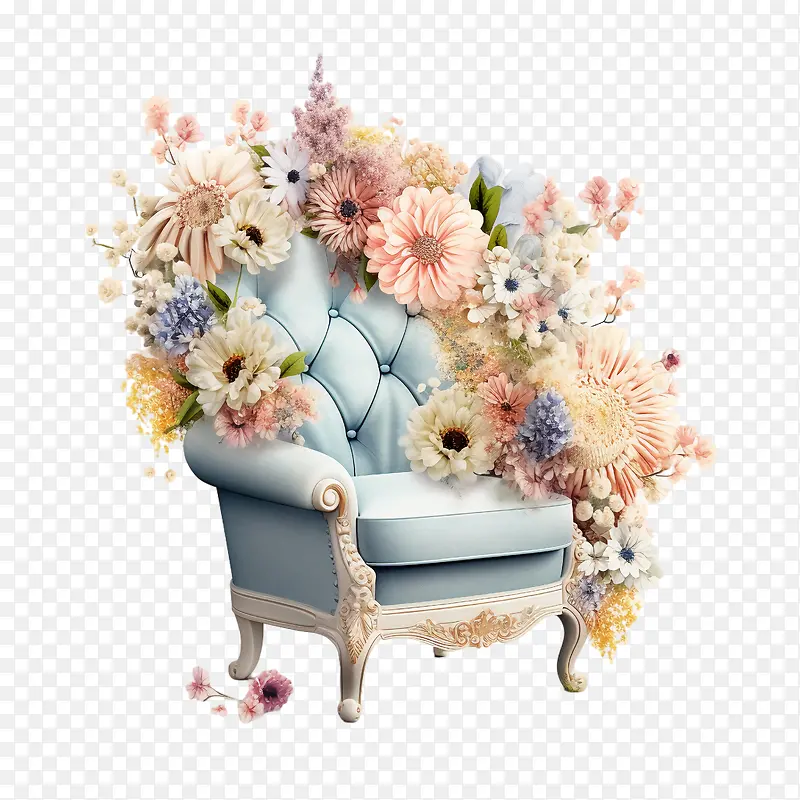 扶手椅-扶手椅椅子蓝色鲜花花束