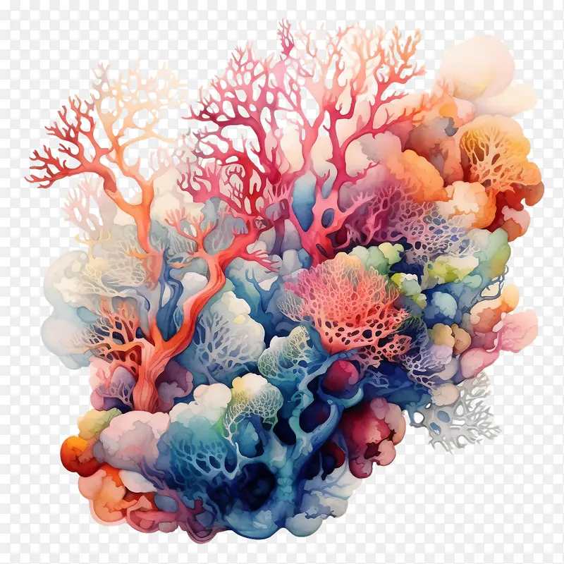 珊瑚-珊瑚热带鱼水彩珊瑚礁水生