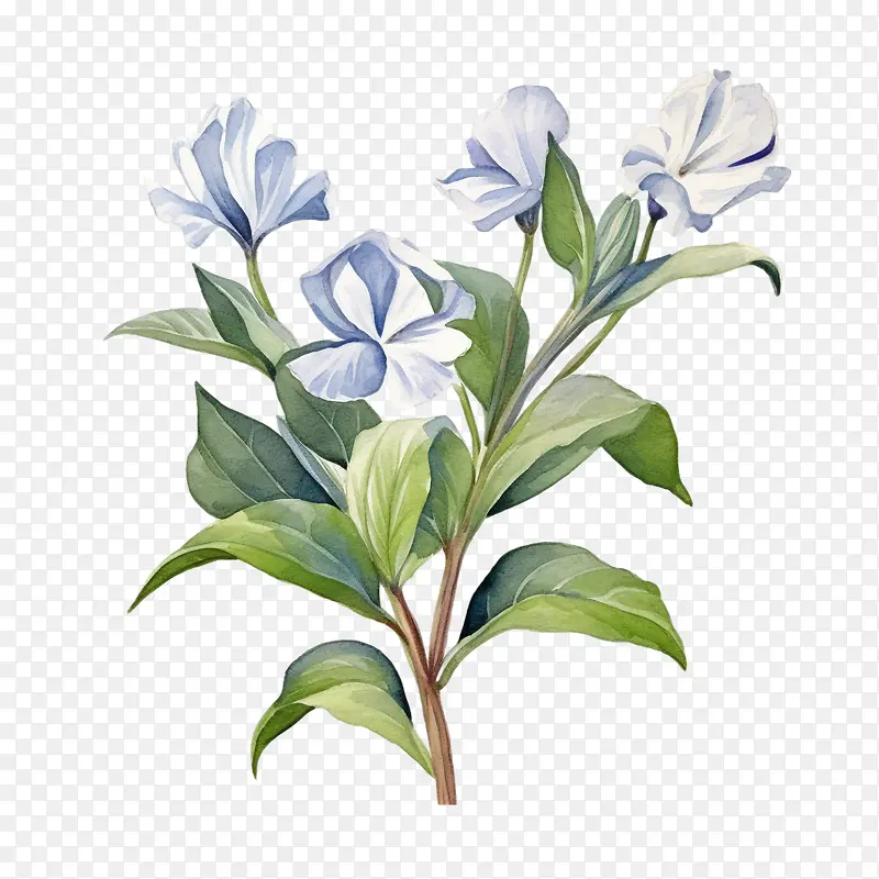 长春花-长春花花白色蓝色花朵水彩